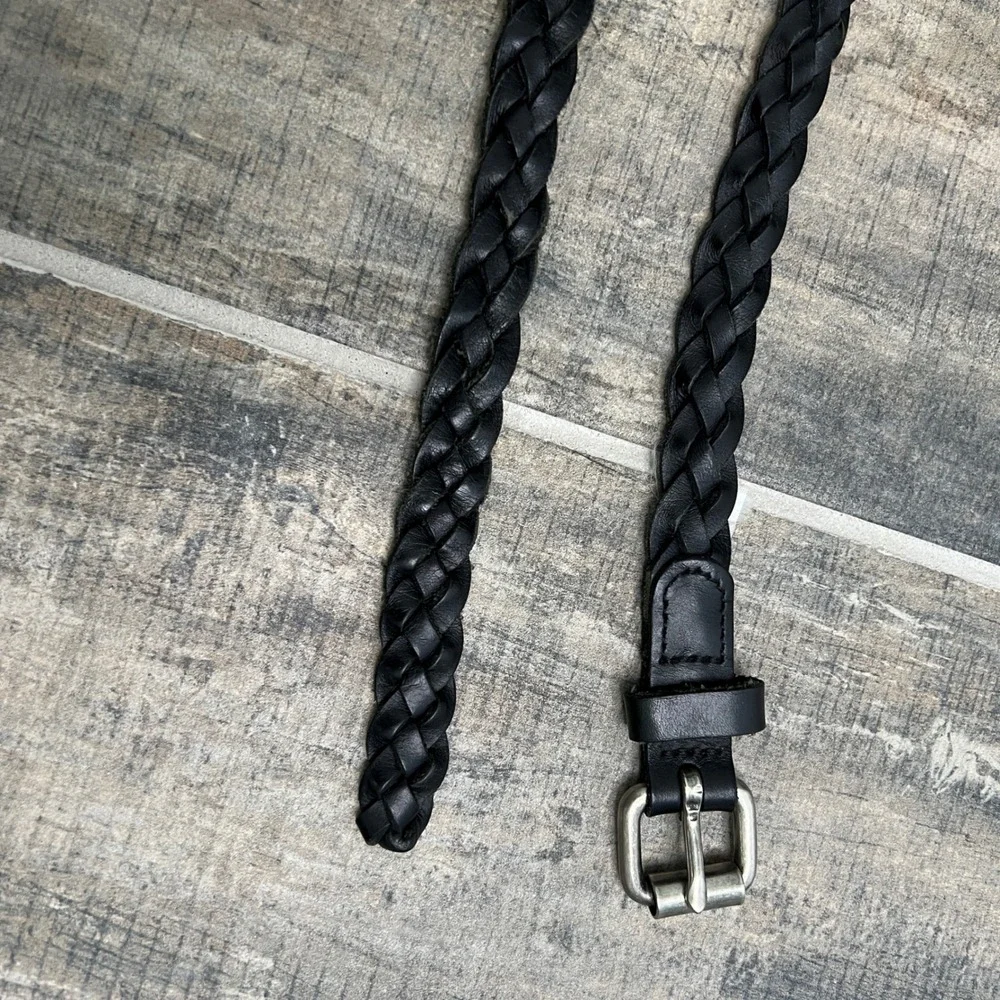 Braided Belt Women Large Black Genuine Leather Slim Woven Silver Buckle